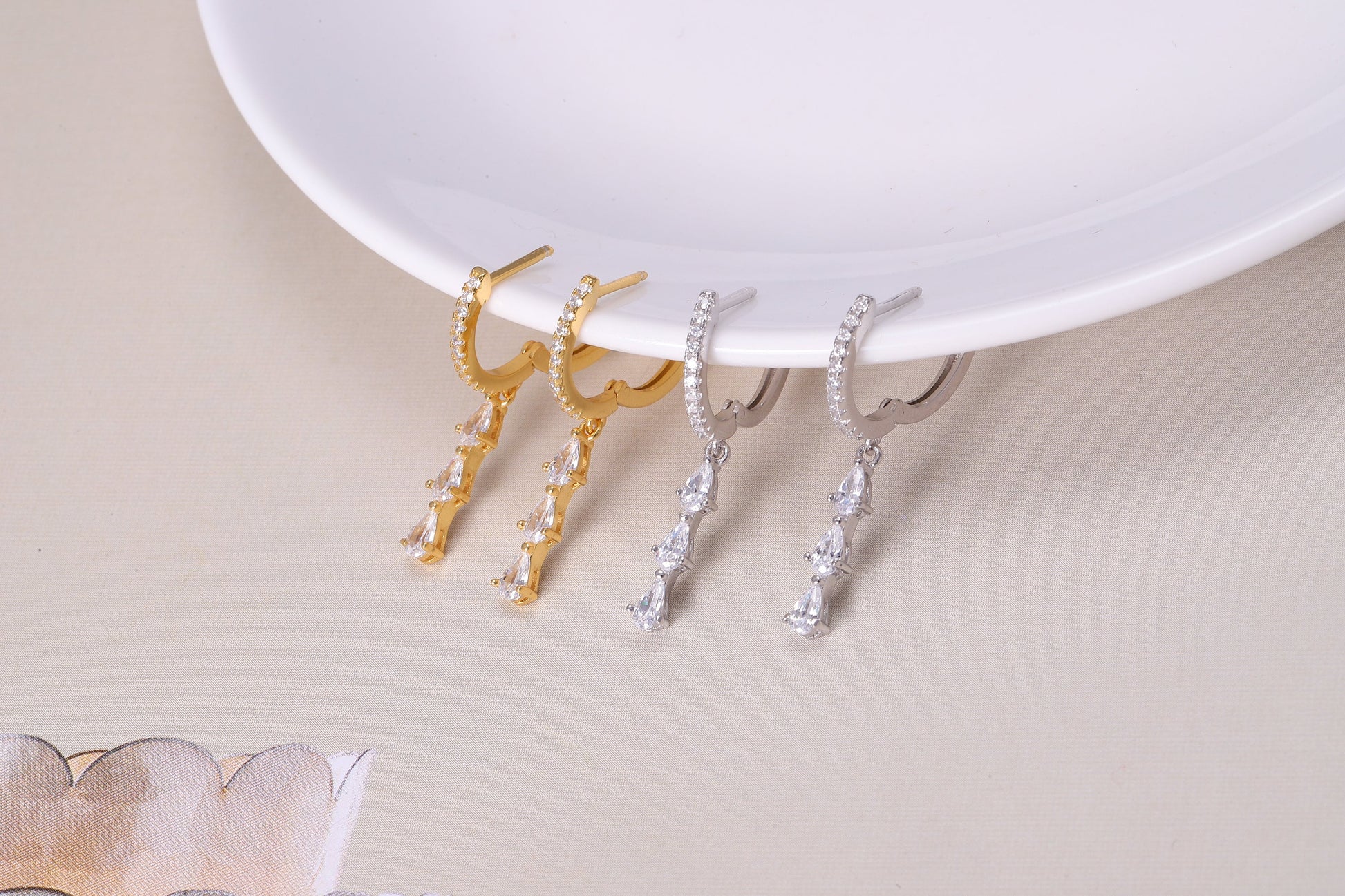 Sterling Silver Dangle Hoop Earrings with CZ Crystals in Gold or Silver, Sterling Silver Dangling Drop Silver Earrings, Gift For Her