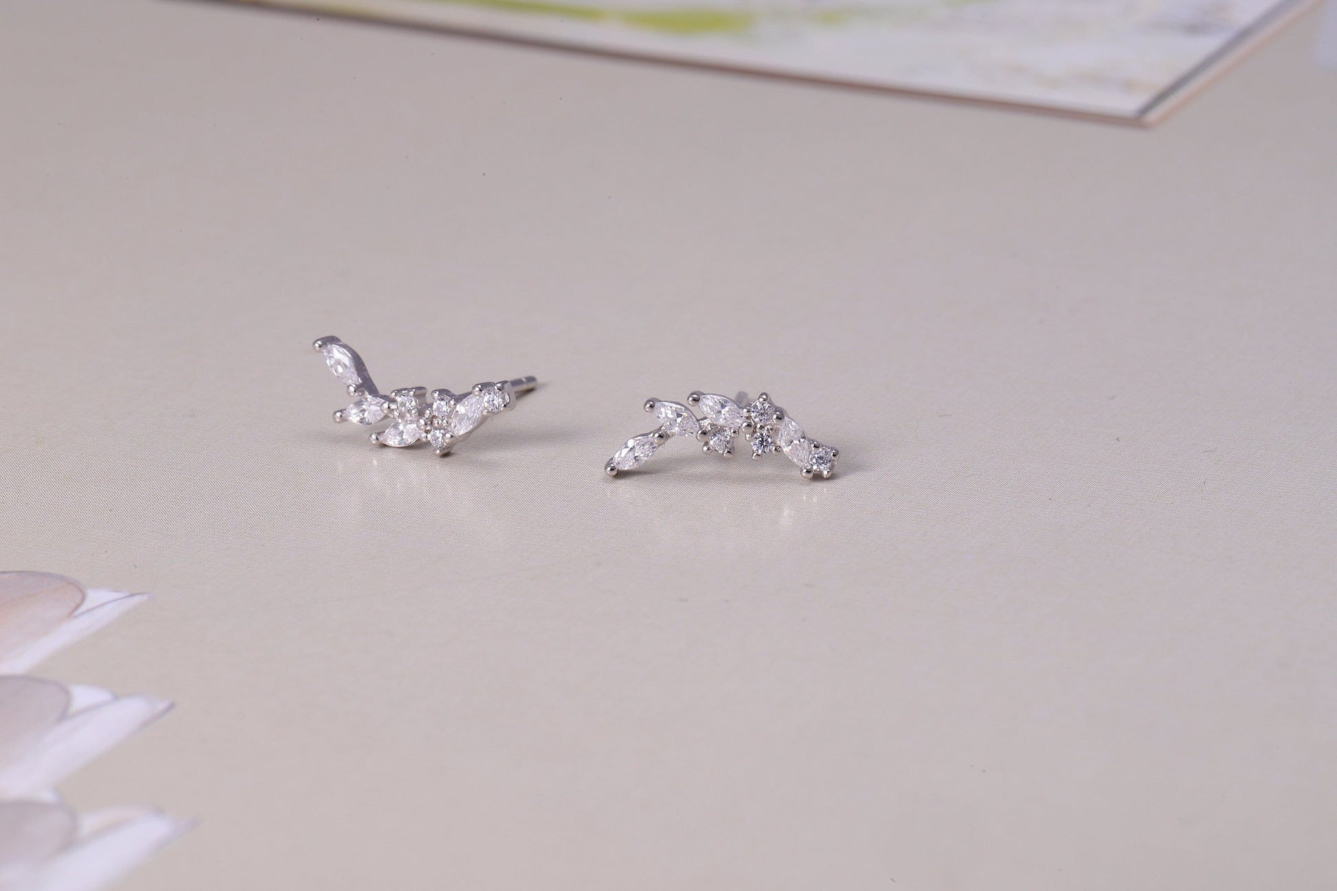 Sterling Silver Sparkling Leaf Stud Earrings with CZ Crystals - Available in Gold and Silver