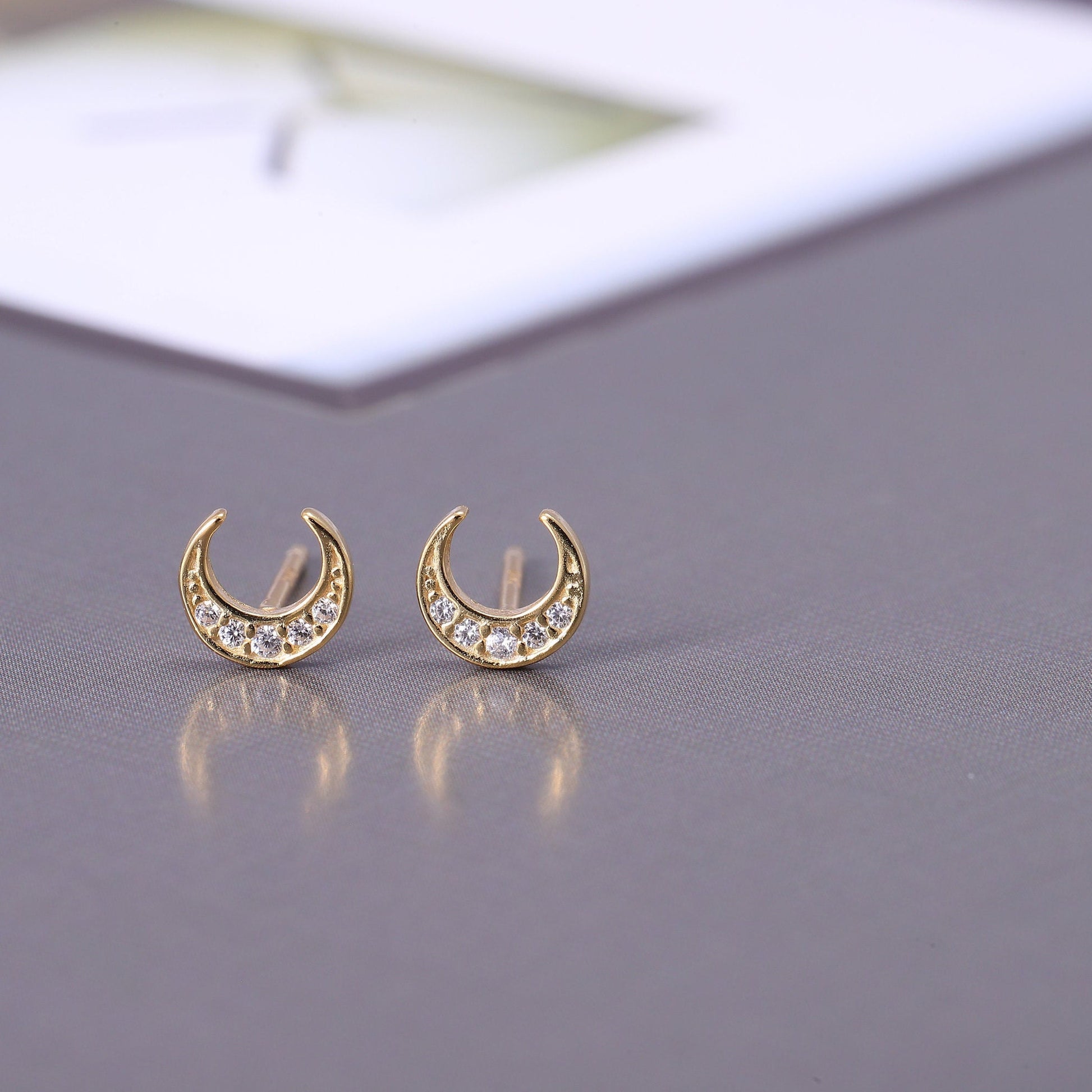 Minimalist Half Moon Sterling Silver Stud Earrings with CZ Crystals - Available in Gold and Silver