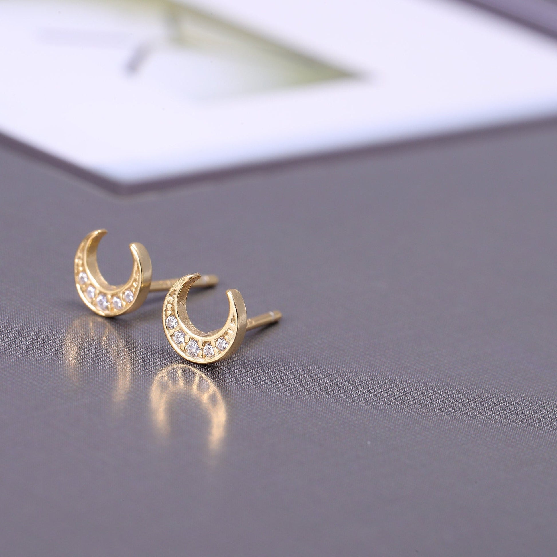 Minimalist Half Moon Sterling Silver Stud Earrings with CZ Crystals - Available in Gold and Silver