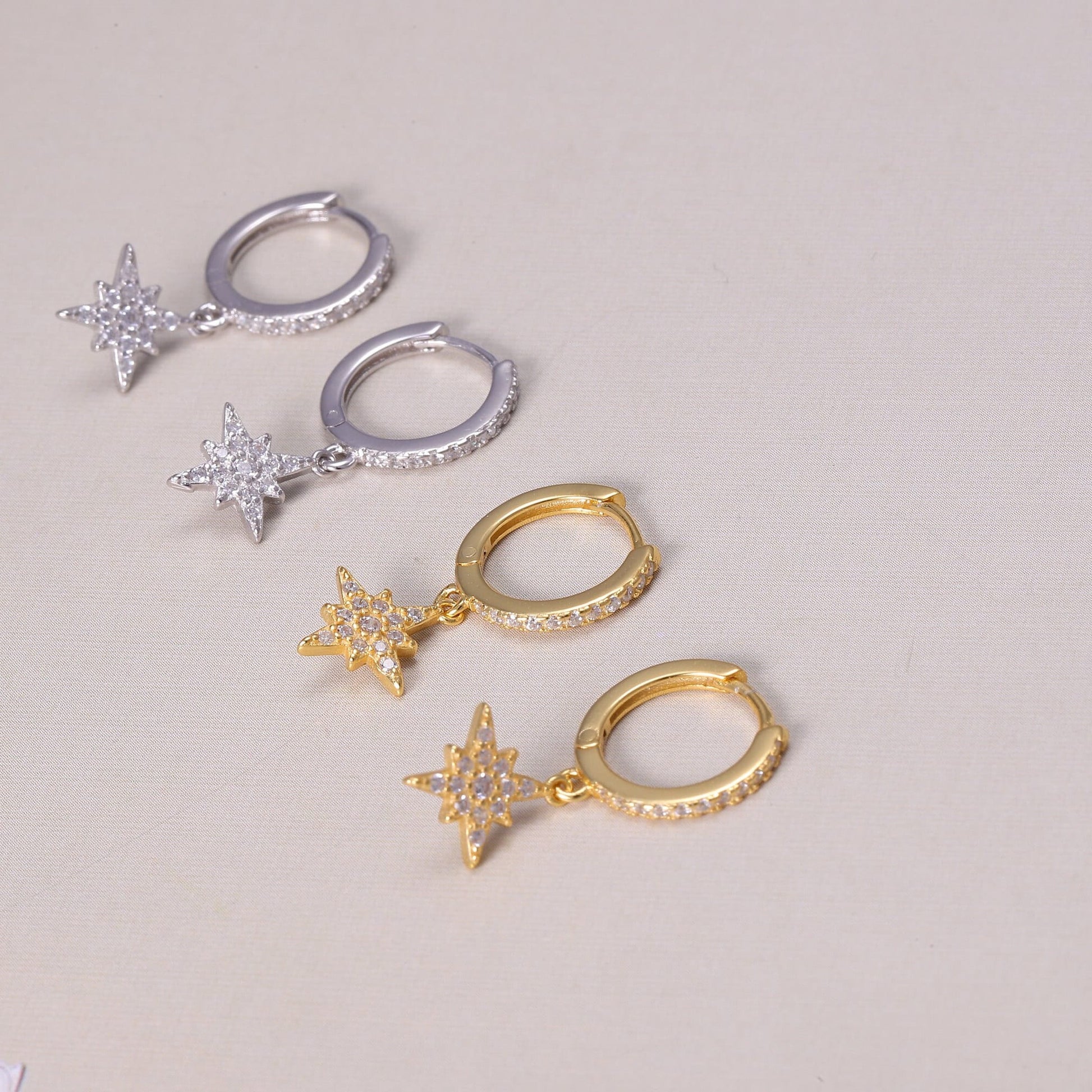 Sterling Silver Star Hoop Earrings with CZ Crystals in Gold or Silver, Star Dangle Earrings, Crystal Earrings, Statement Earrings,