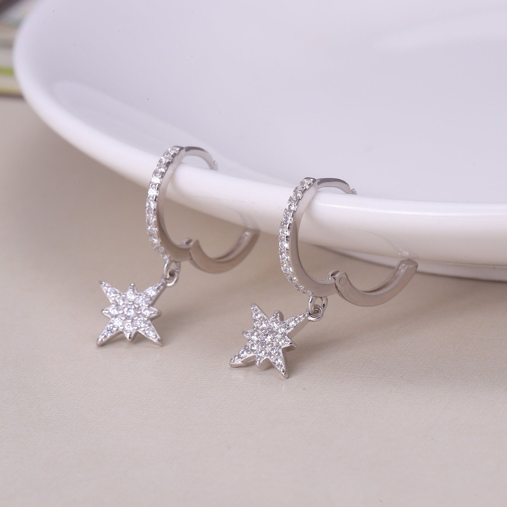 Sterling Silver Star Hoop Earrings with CZ Crystals in Gold or Silver, Star Dangle Earrings, Crystal Earrings, Statement Earrings,