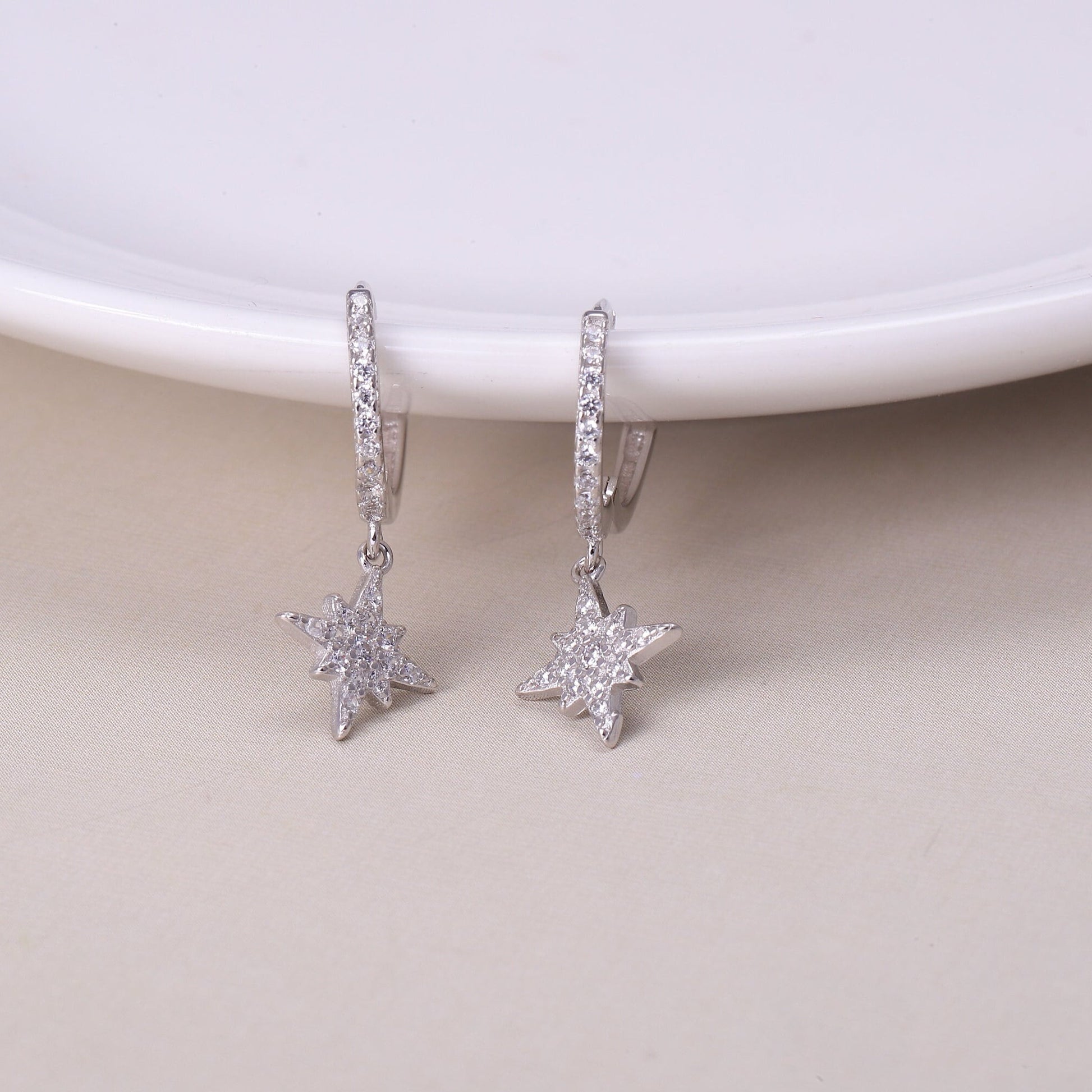 Sterling Silver Star Hoop Earrings with CZ Crystals in Gold or Silver, Star Dangle Earrings, Crystal Earrings, Statement Earrings,