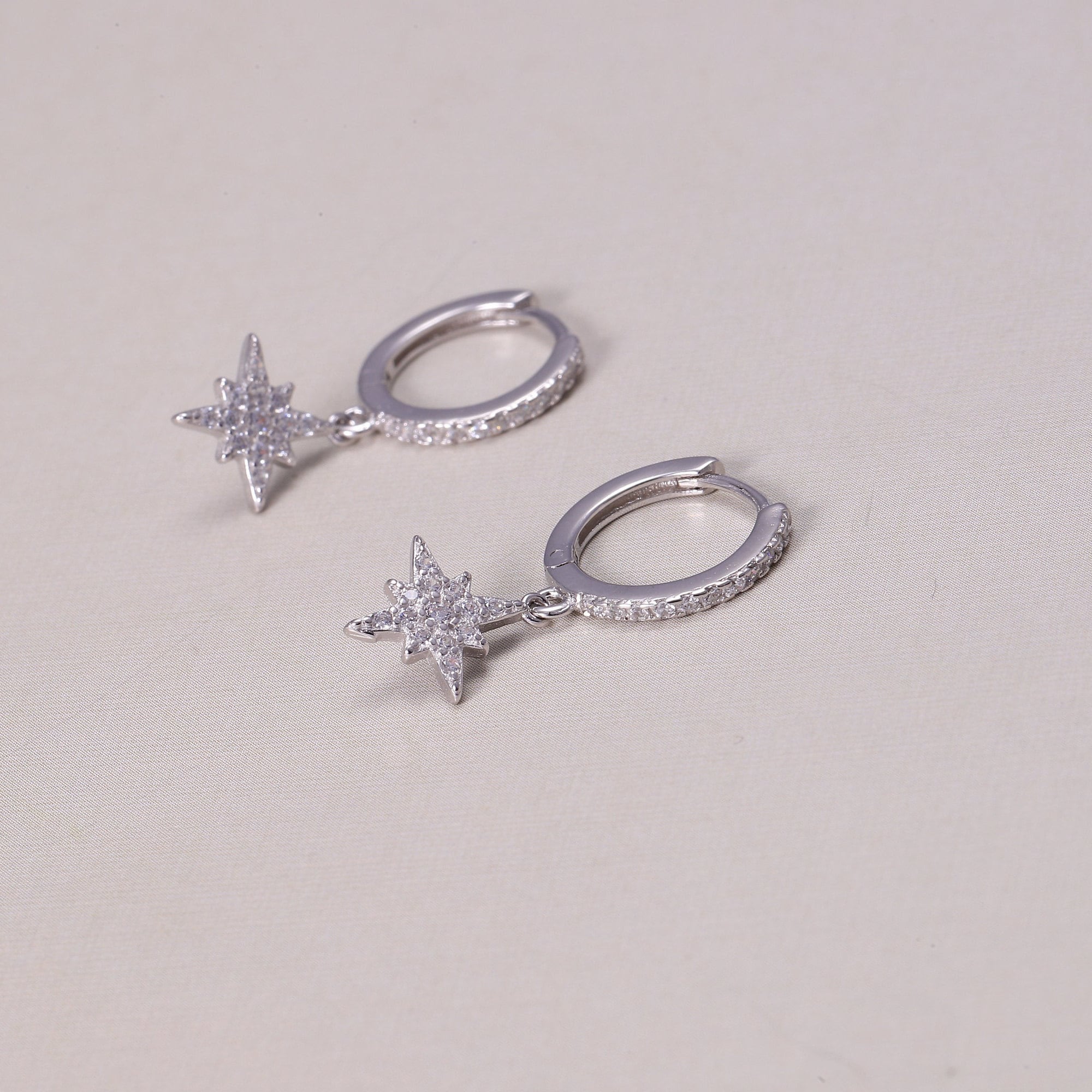 Sterling Silver Star Hoop Earrings with CZ Crystals in Gold or Silver, Star Dangle Earrings, Crystal Earrings, Statement Earrings,