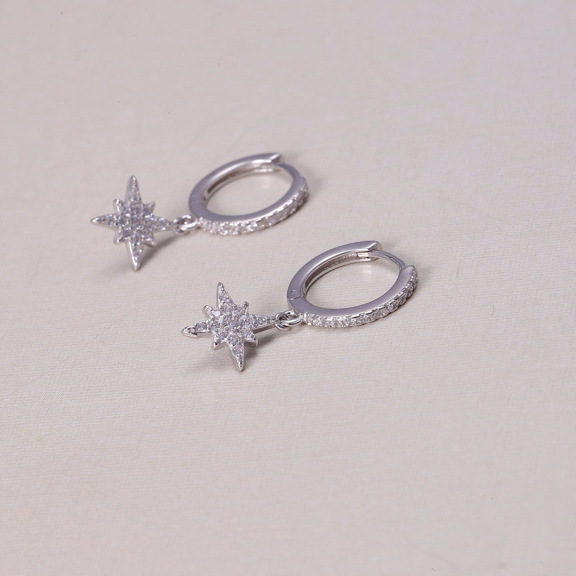 Sterling Silver Star Hoop Earrings with CZ Crystals in Gold or Silver, Star Dangle Earrings, Crystal Earrings, Statement Earrings,