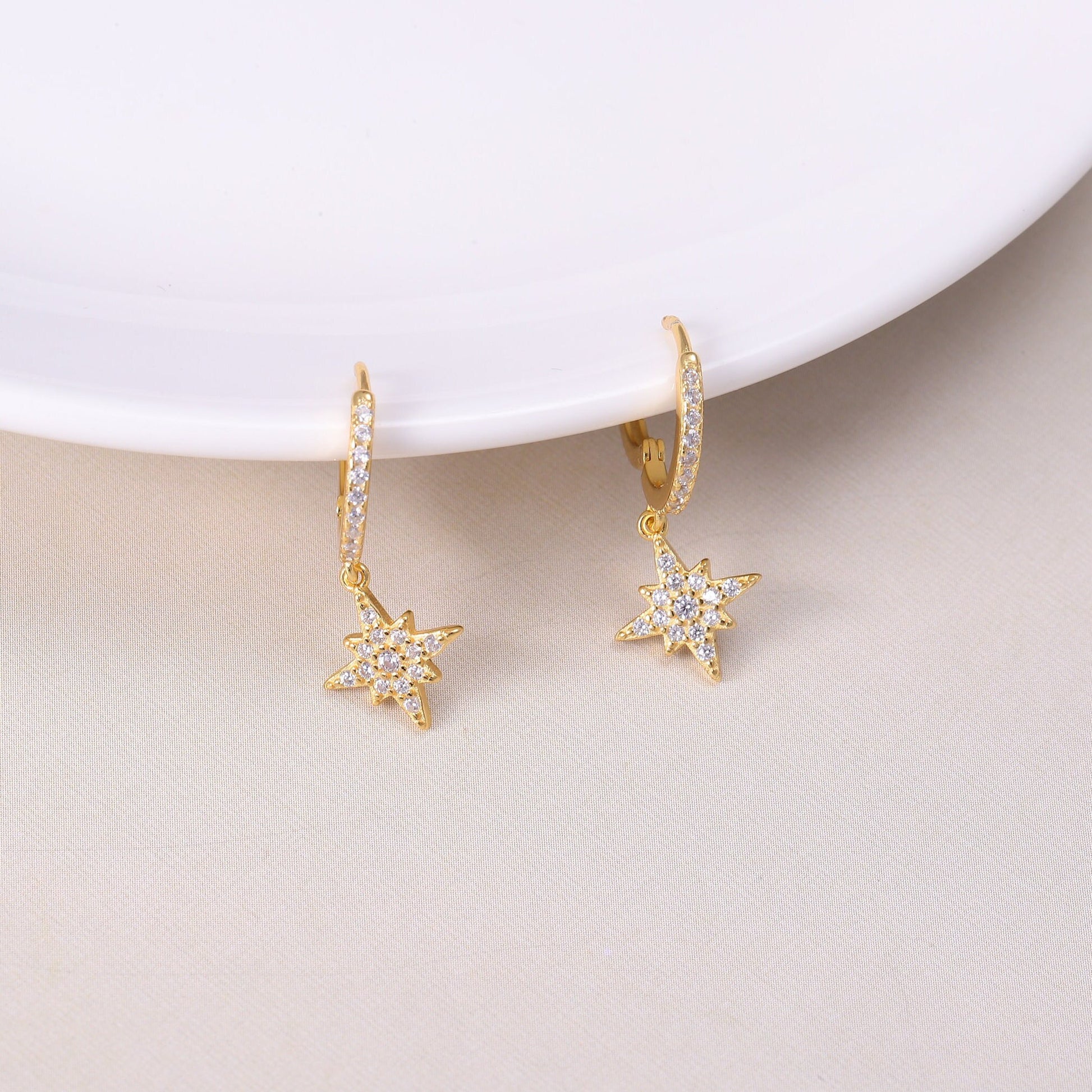Gold Star Hoop Earrings with CZ Crystals in Gold or Silver, Sterling Silver Star Dangle Drop Earrings, Crystal Earrings, Statement Earrings