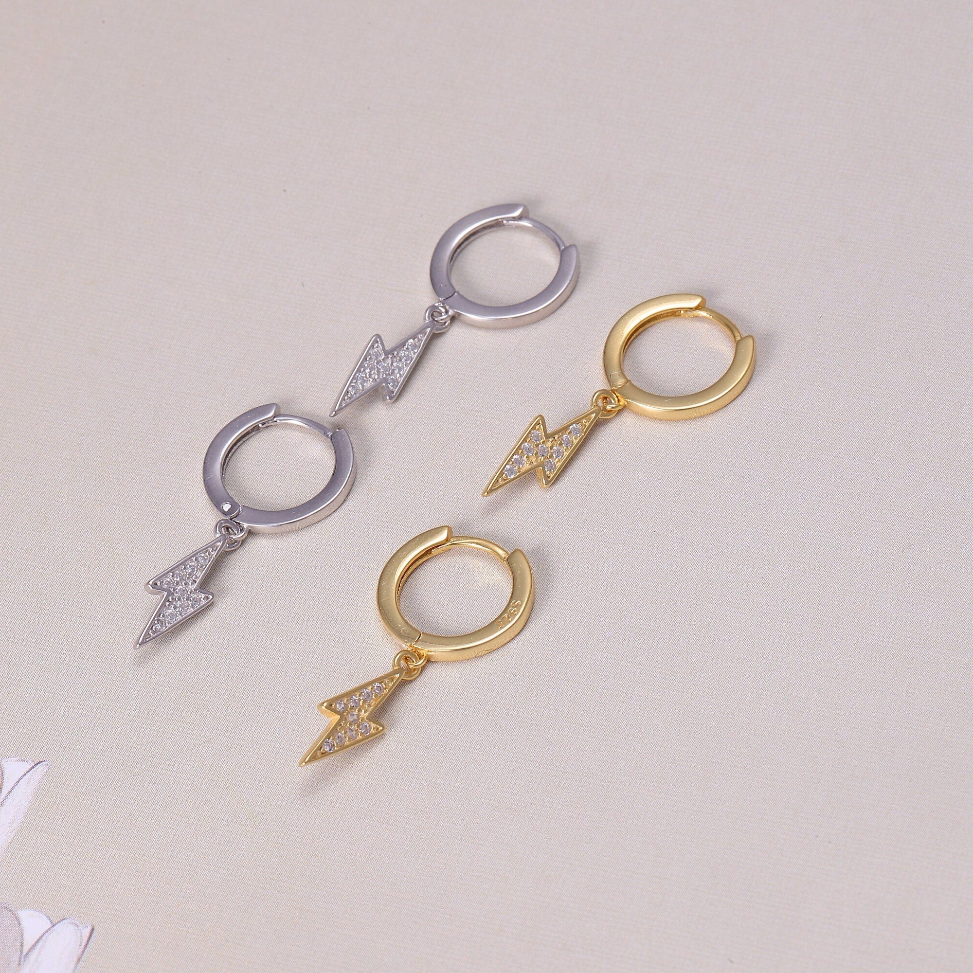 Gold Thunderbolt Hoop Earrings with CZ Crystals in Gold or Silver, Sterling Silver Bolt Dangle Drop Earrings, Crystal Earrings