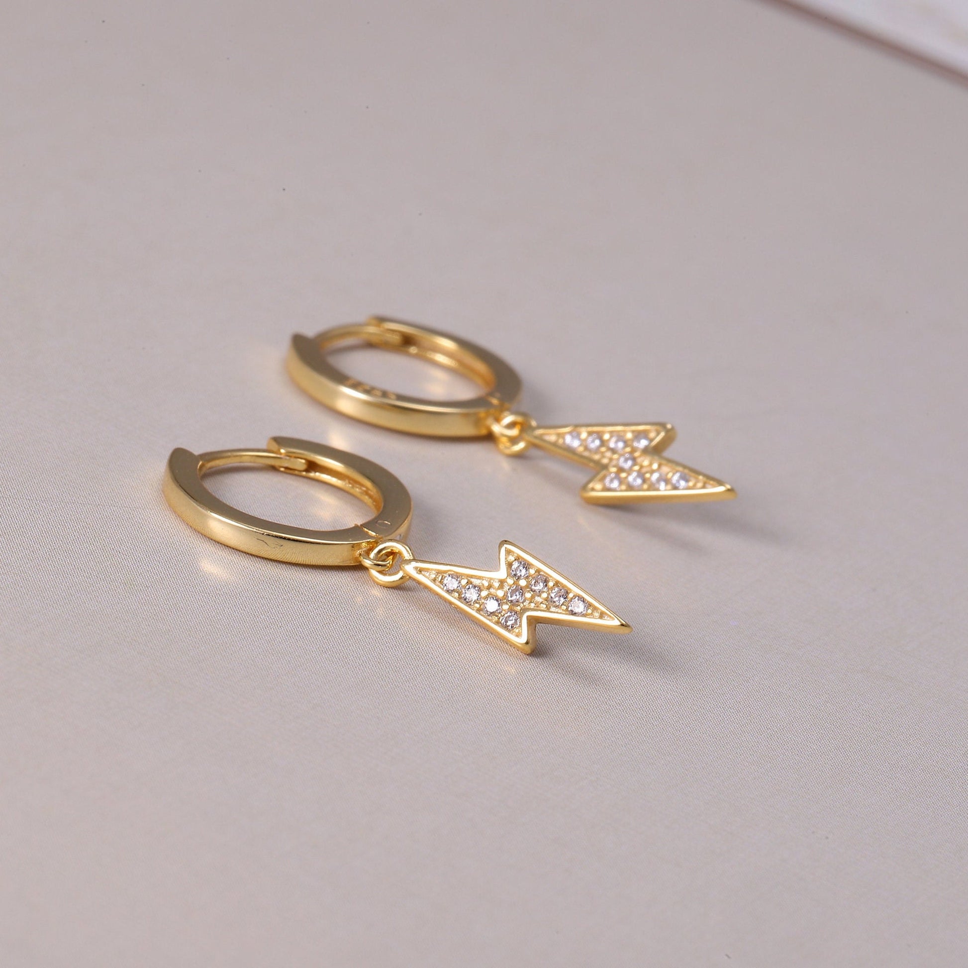 Gold Thunderbolt Hoop Earrings with CZ Crystals in Gold or Silver, Sterling Silver Bolt Dangle Drop Earrings, Crystal Earrings