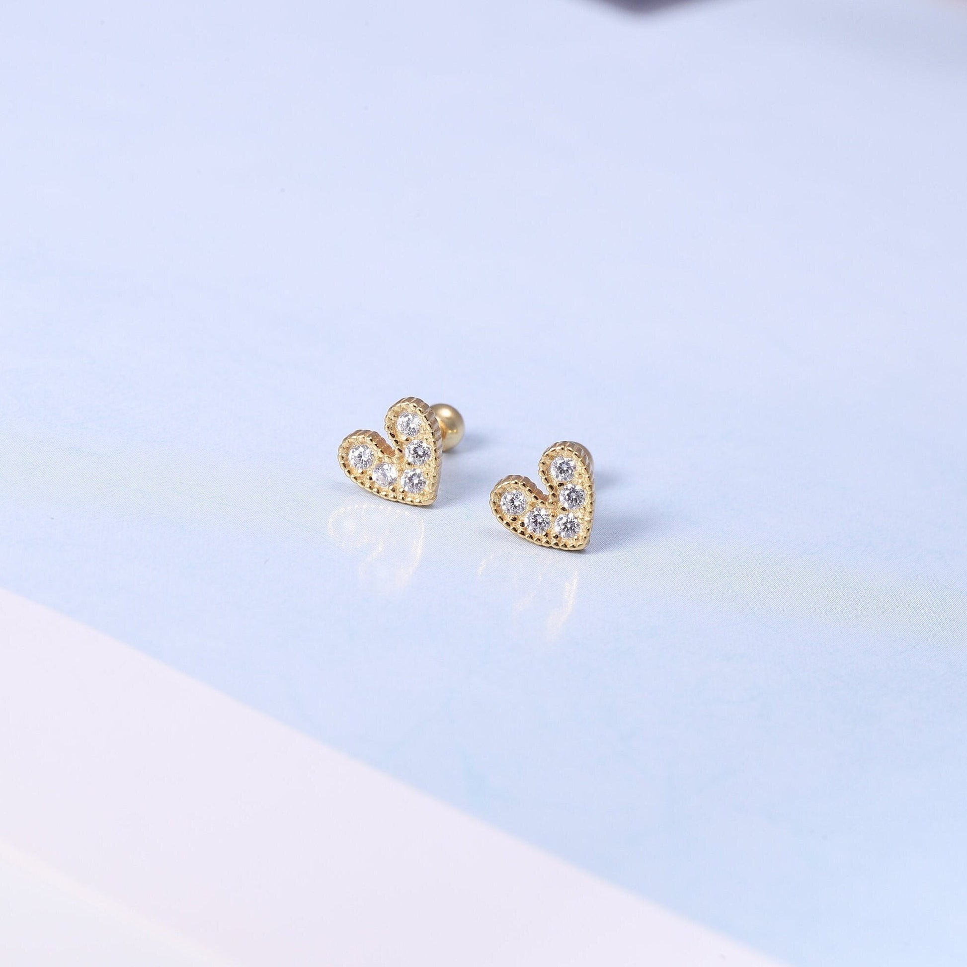 Gold Tiny Heart Stud Earrings in Sterling Silver with CZ Crystals - Available in Gold or Silver