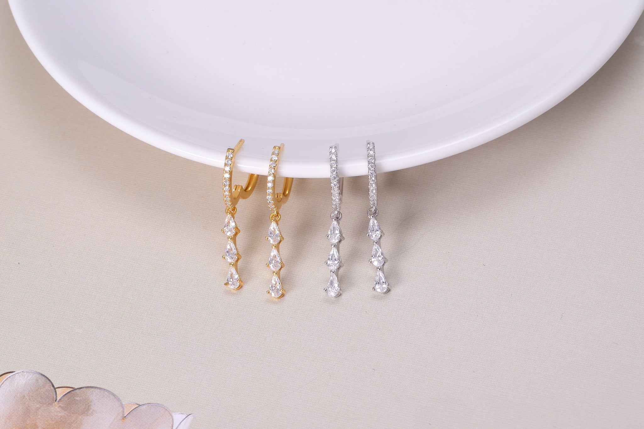 Sterling Silver Dangle Hoop Earrings with CZ Crystals in Gold or Silver, Sterling Silver Dangling Drop Silver Earrings, Gift For Her