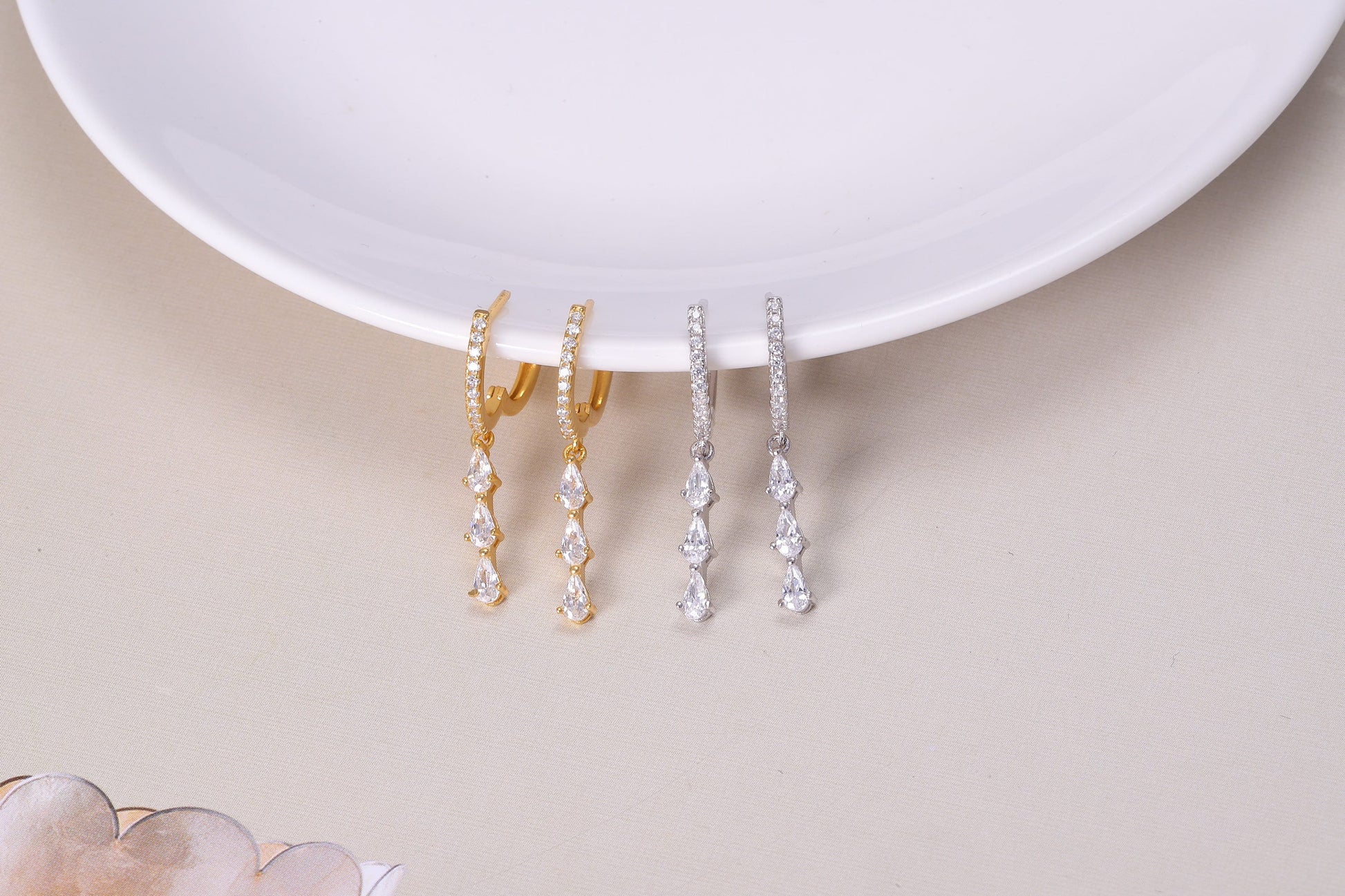 Sterling Silver Dangle Hoop Earrings with CZ Crystals in Gold or Silver, Sterling Silver Dangling Drop Silver Earrings, Gift For Her