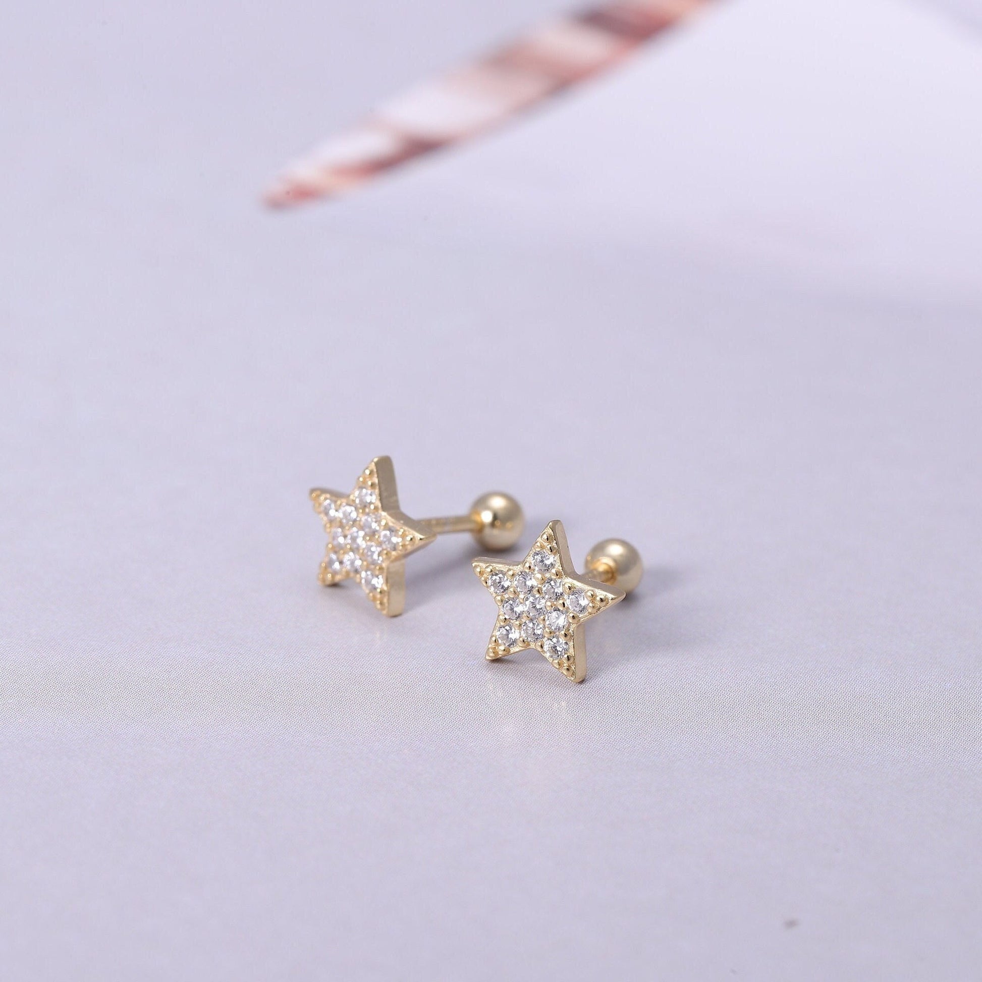 Gold Shining Star Earrings with CZ Crystals in Gold or Silver, Tiny Heart Earrings, Dainty Minimalist Earrings