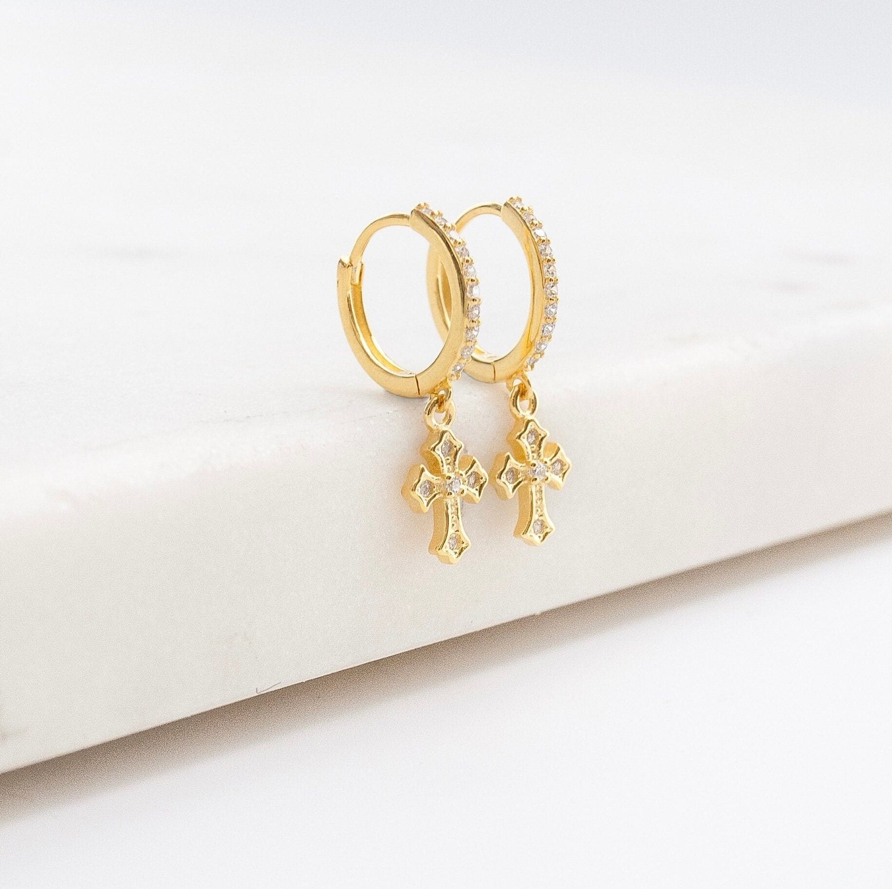 Sterling Silver Cross Hoop Earrings with CZ Crystals in Gold or Silver, Crucifix Pendant Charm, Cross Hoop Dangle Drop Earrings