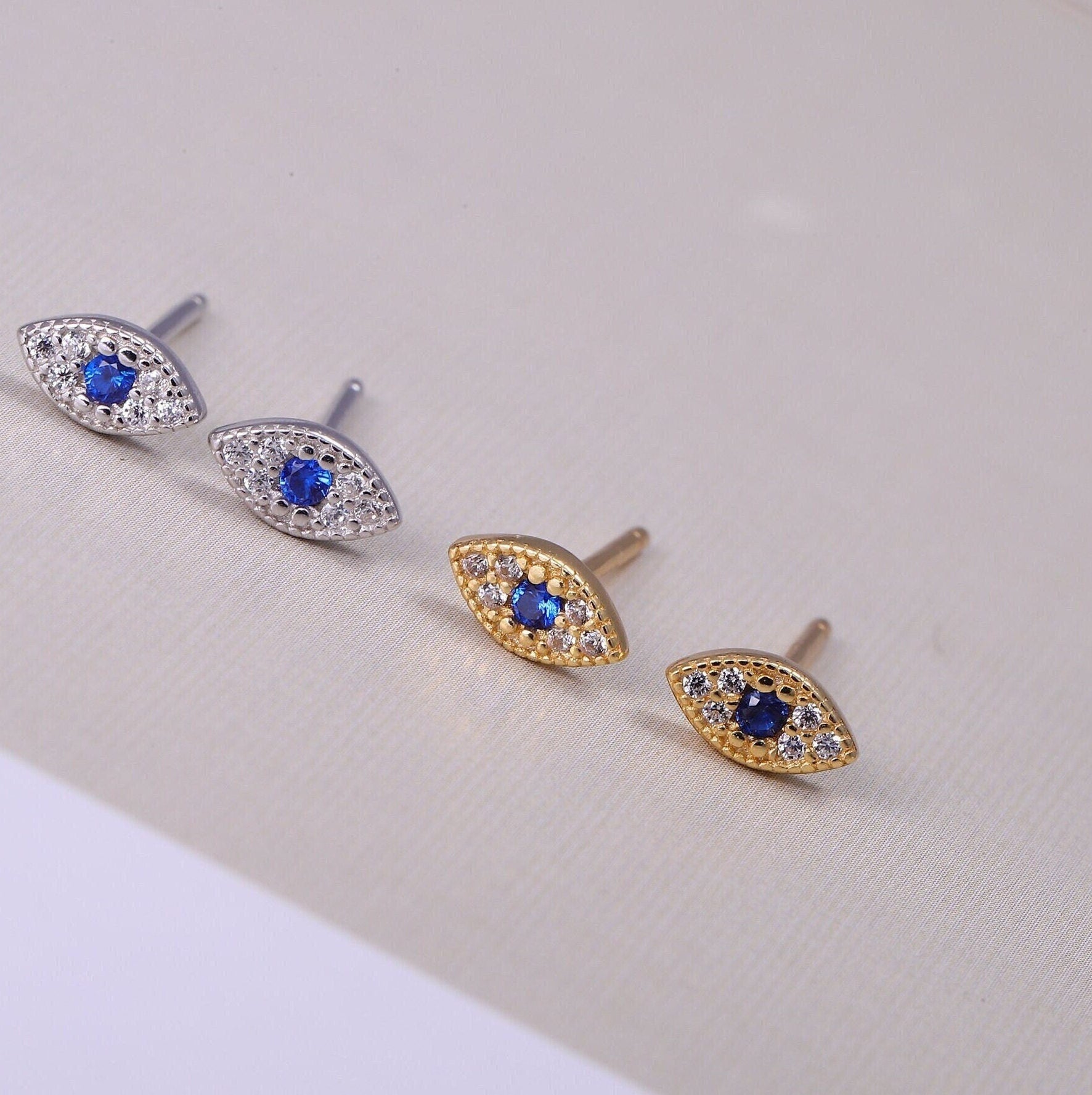 Gold Tiny Evil Eye Stud Earrings with CZ Crystals in Gold or Silver, Dainty Minimalist Jewellery, Gift For Her